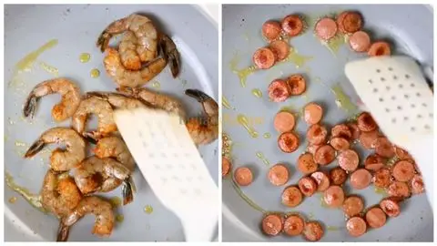 Season the Shrimpc& Cook the Sausage