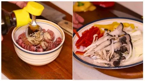 Stir-fry the beef and vegetables