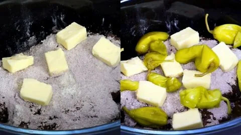 Layer the Seasonings & Add the Butter and Pepperoncini